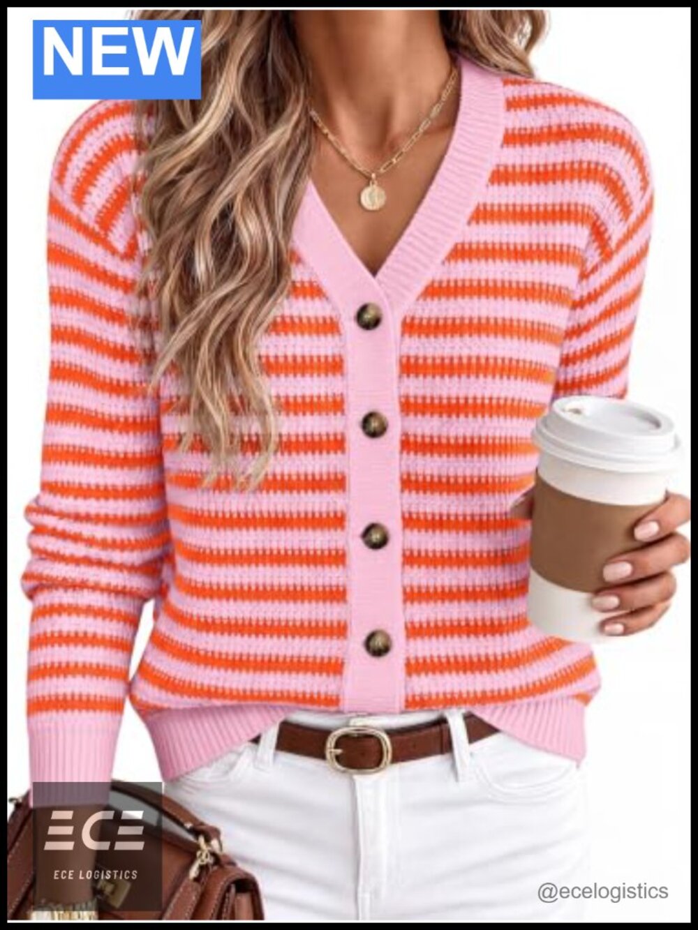Women's Striped Button-Down Cardigan V-Neck Long Sleeve Cotton Blend Knit